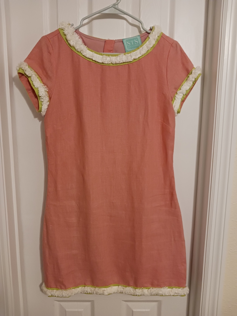 Sail To Sable STS Pink Green Linen Fringe Shift Dress sz4 Preppy Party